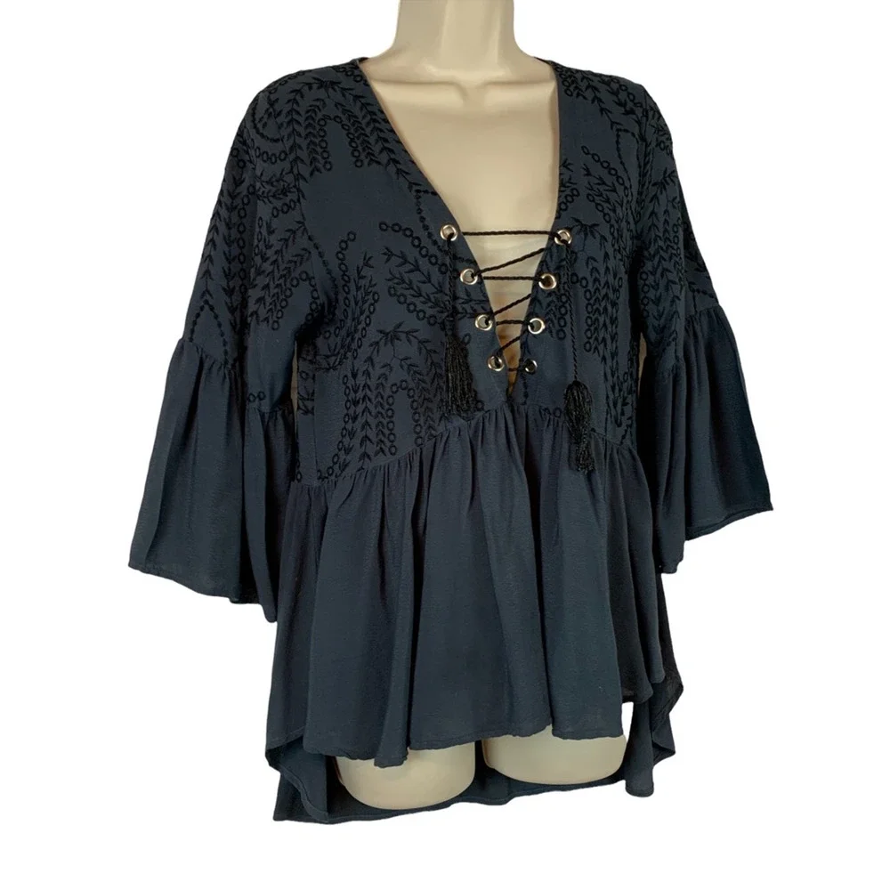 Flowers Of Romance Womens Blouse Black Bell Sleeve V Neck Tassel Embroidered XS - Picture 7 of 9